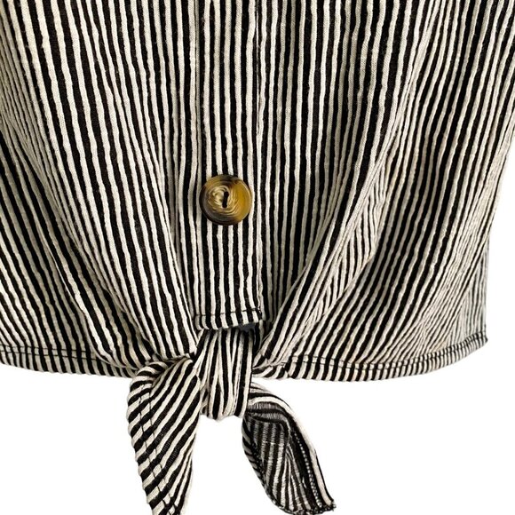 Ava James Black White Striped Sleeveless Top Front Tie Faux Buttons Medium NEW - Picture 7 of 10